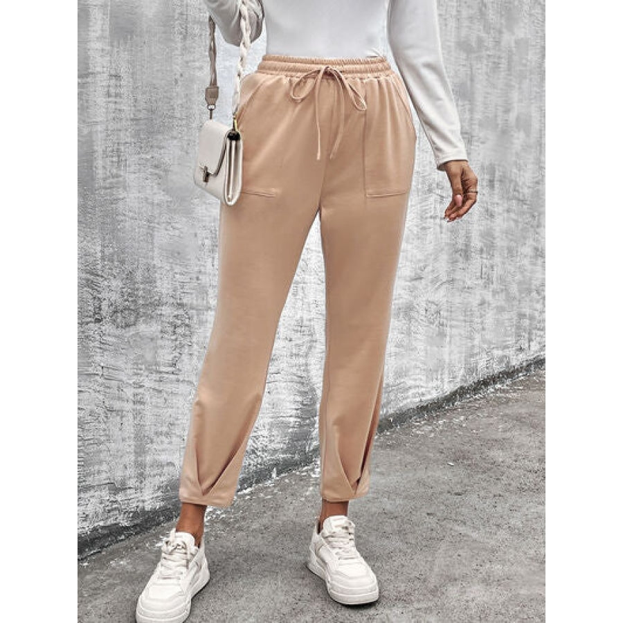 Drawstring Straight Pants with Pockets Beige / S Clothing