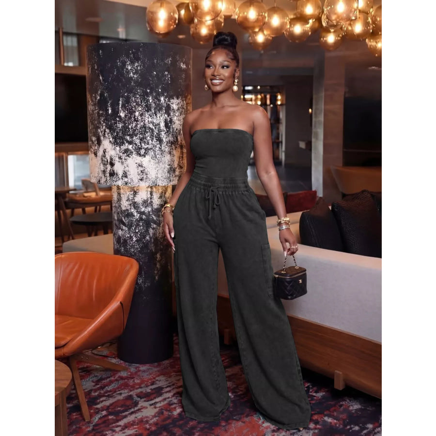 Drawstring Strapless Wide-Leg Jumpsuit Black / S Apparel and Accessories