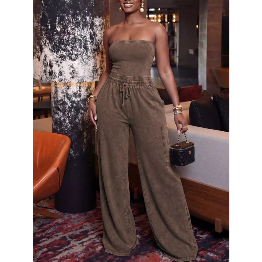 Drawstring Strapless Wide-Leg Jumpsuit Brown / S Apparel and Accessories