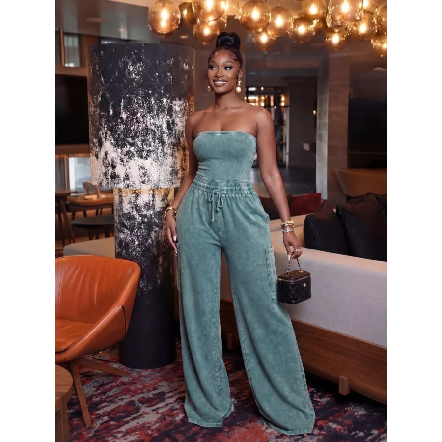Drawstring Strapless Wide-Leg Jumpsuit Peacock Blue / S Apparel and Accessories
