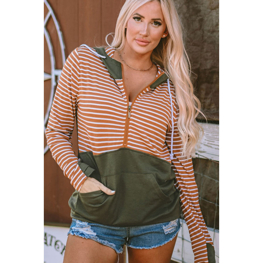 Drawstring Stripe Half Zip Long Sleeve Hoodie Stripe / S Apparel and Accessories