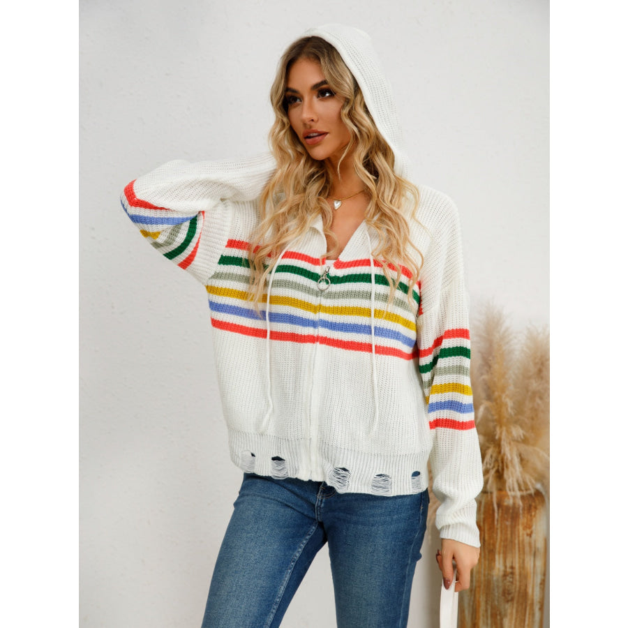 Drawstring Striped Dropped Shoulder Hooded Cardigan Apparel and Accessories