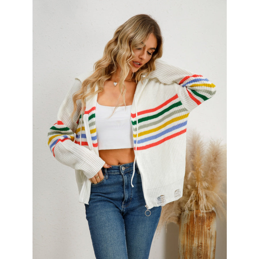 Drawstring Striped Dropped Shoulder Hooded Cardigan Apparel and Accessories