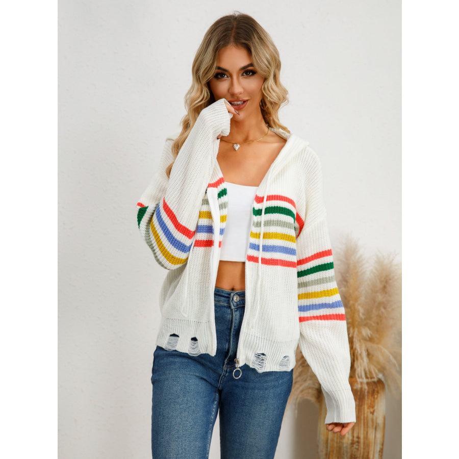 Drawstring Striped Dropped Shoulder Hooded Cardigan Apparel and Accessories