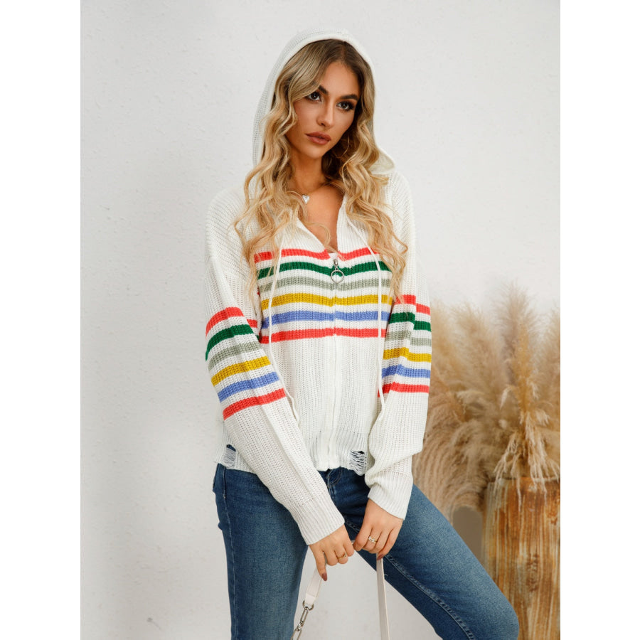 Drawstring Striped Dropped Shoulder Hooded Cardigan Apparel and Accessories