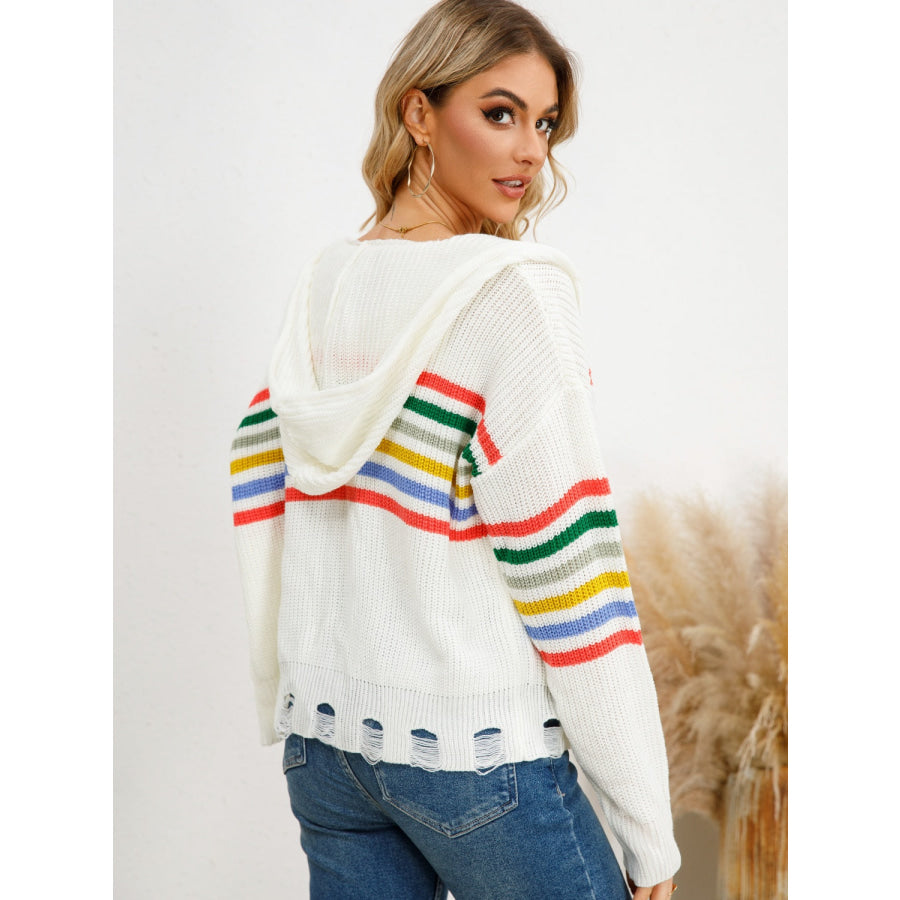 Drawstring Striped Dropped Shoulder Hooded Cardigan Apparel and Accessories