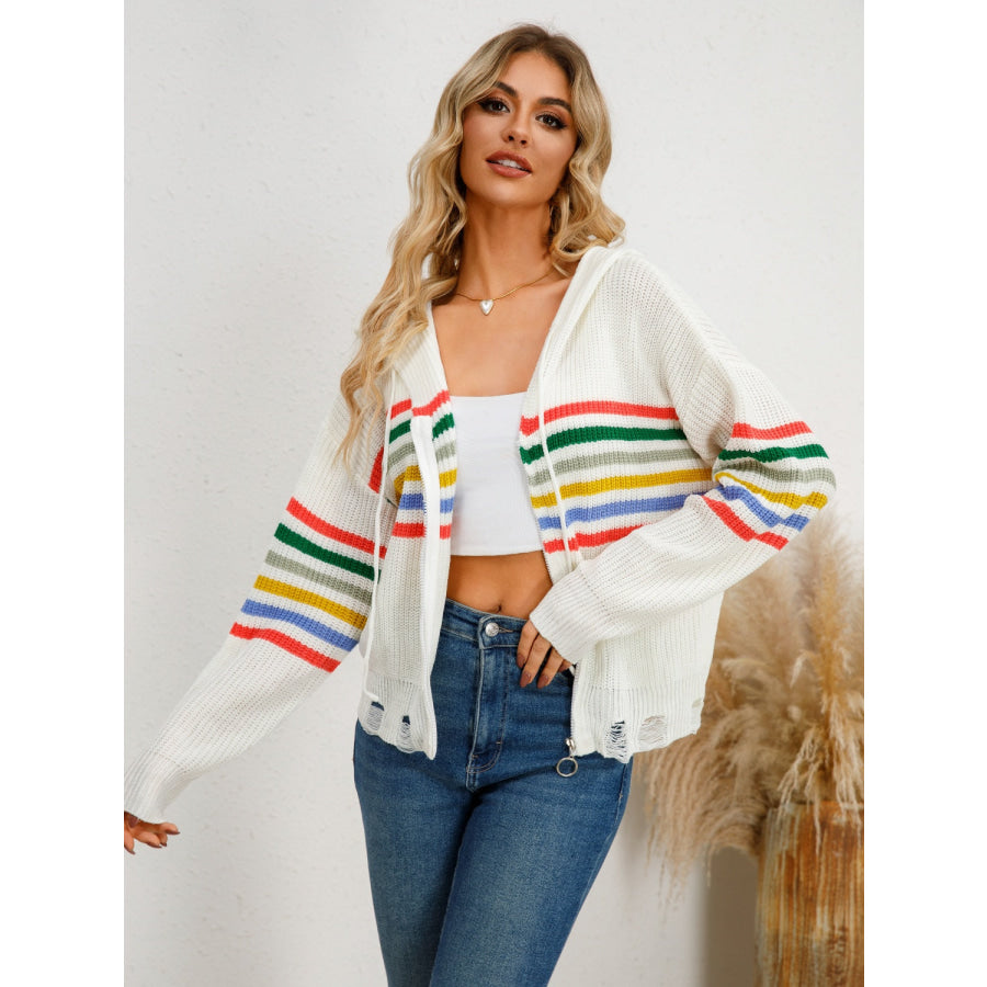 Drawstring Striped Dropped Shoulder Hooded Cardigan White / S Apparel and Accessories