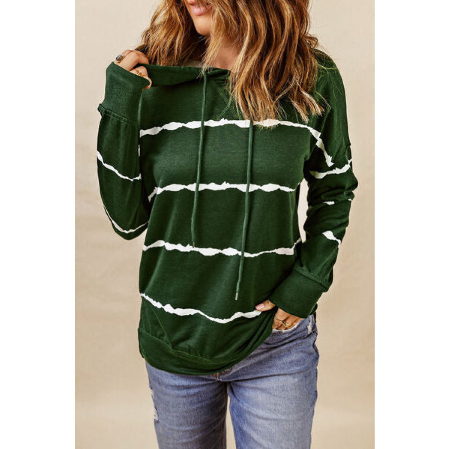 Drawstring Striped Dropped Shoulder Hoodie Black Forest / S Apparel and Accessories