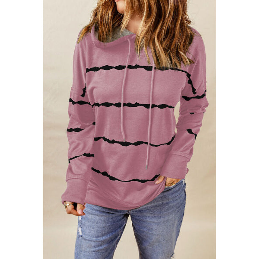 Drawstring Striped Dropped Shoulder Hoodie Dusty Pink / S Apparel and Accessories