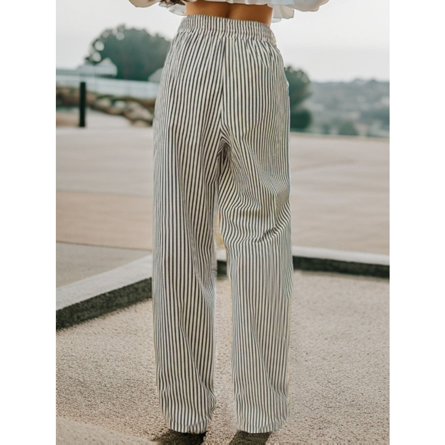 Drawstring Striped Elastic Waist Pants Black/White / S Apparel and Accessories