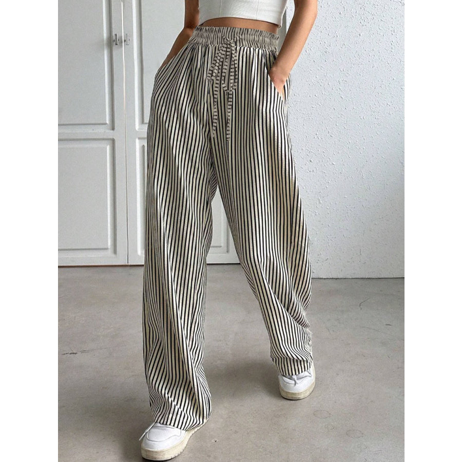 Drawstring Striped Elastic Waist Pants Black/White / S Apparel and Accessories