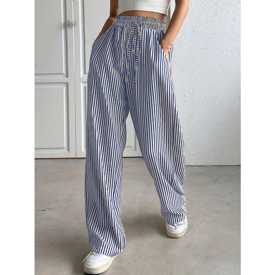 Drawstring Striped Elastic Waist Pants Blue / 2XL Apparel and Accessories
