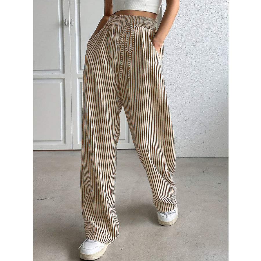 Drawstring Striped Elastic Waist Pants Tan / L Apparel and Accessories