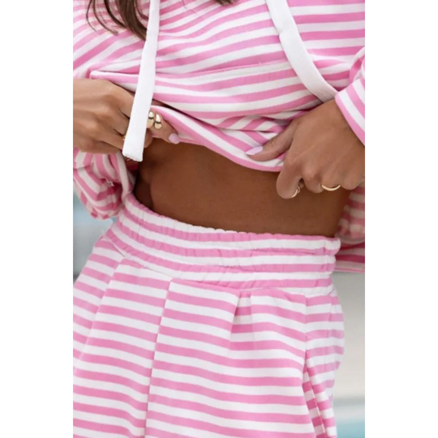 Drawstring Striped Hooded Top and Shorts Set Apparel and Accessories