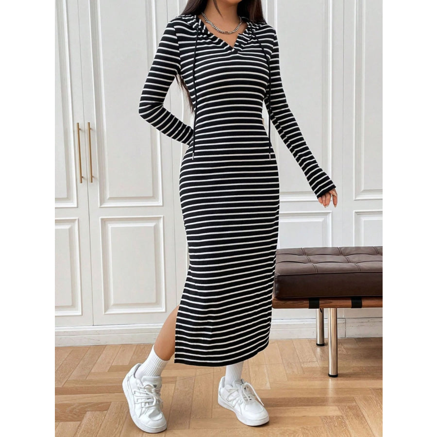 Drawstring Striped Long Sleeve Hooded Dress Apparel and Accessories