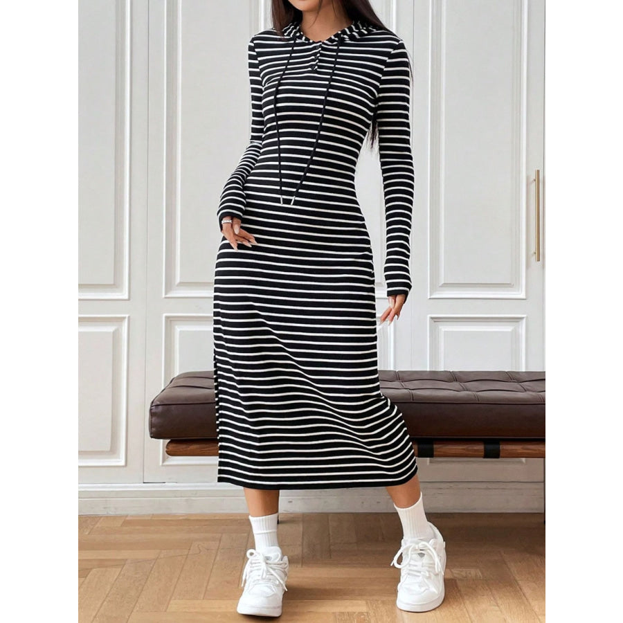 Drawstring Striped Long Sleeve Hooded Dress Apparel and Accessories