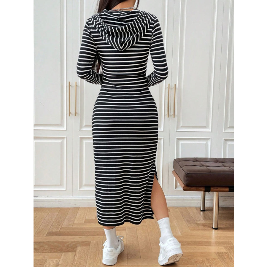 Drawstring Striped Long Sleeve Hooded Dress Apparel and Accessories