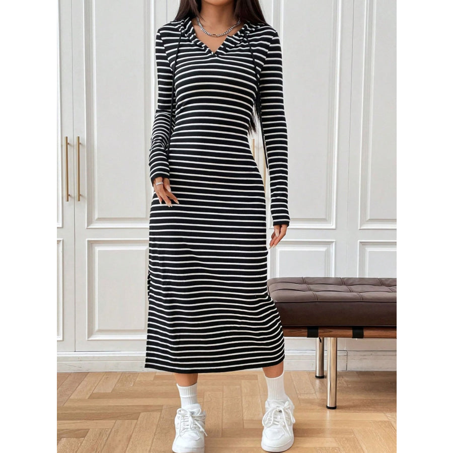 Drawstring Striped Long Sleeve Hooded Dress Apparel and Accessories