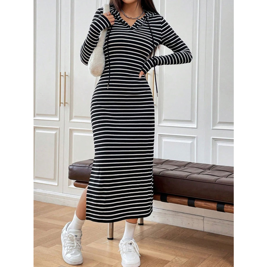 Drawstring Striped Long Sleeve Hooded Dress Black / S Apparel and Accessories