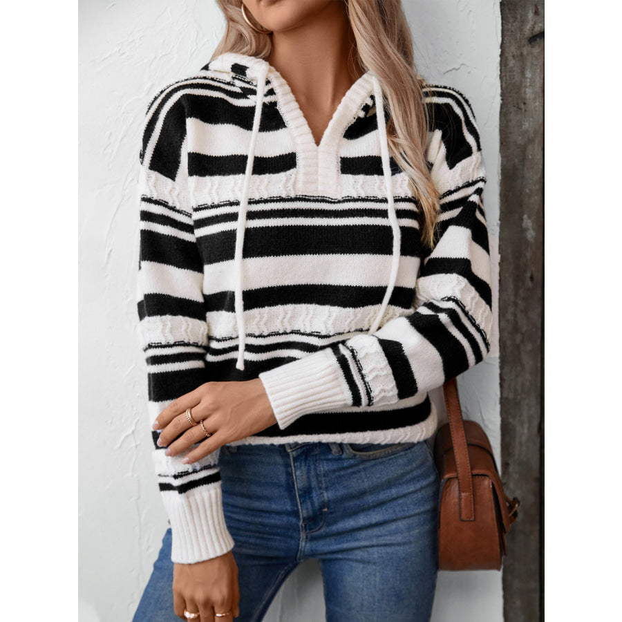 Drawstring Striped Long Sleeve Hooded Sweater Apparel and Accessories