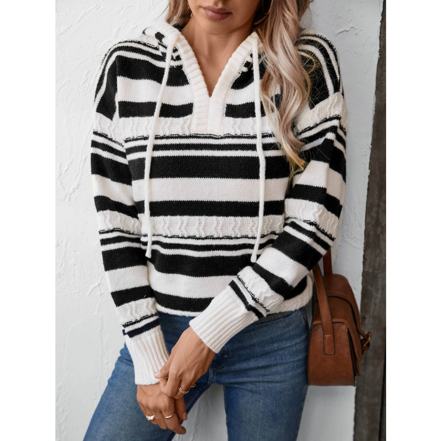 Drawstring Striped Long Sleeve Hooded Sweater Apparel and Accessories