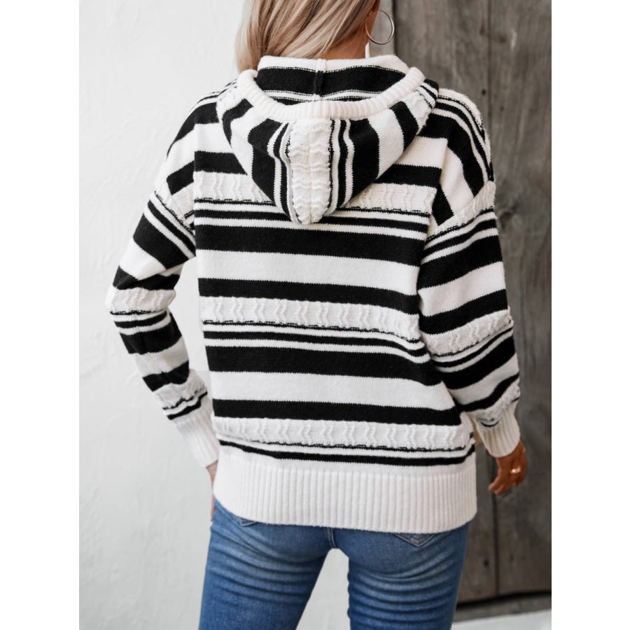 Drawstring Striped Long Sleeve Hooded Sweater Apparel and Accessories