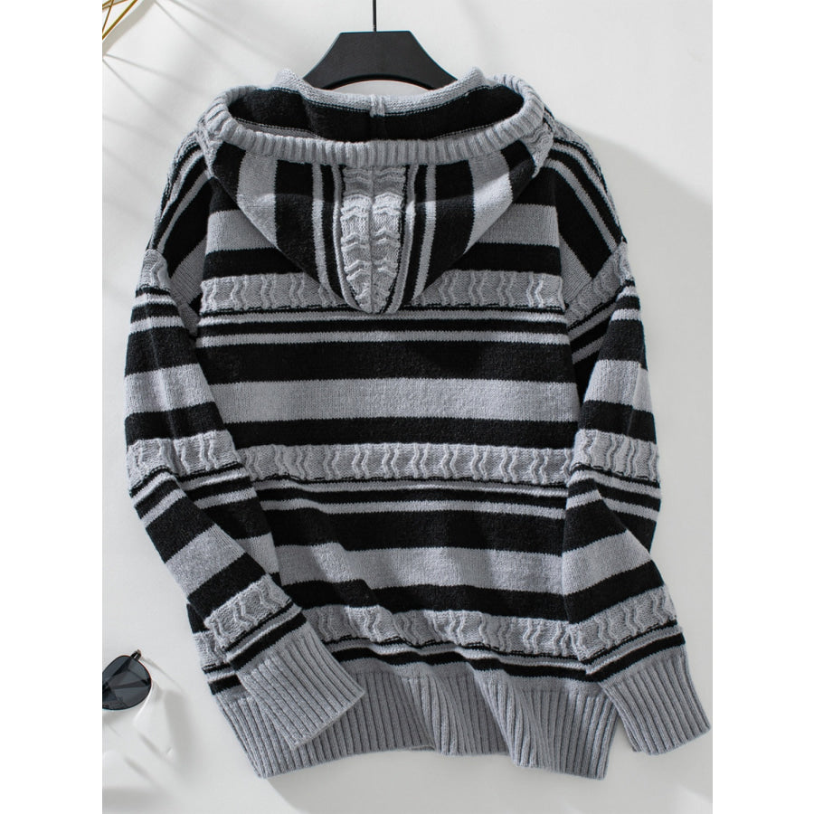 Drawstring Striped Long Sleeve Hooded Sweater Apparel and Accessories