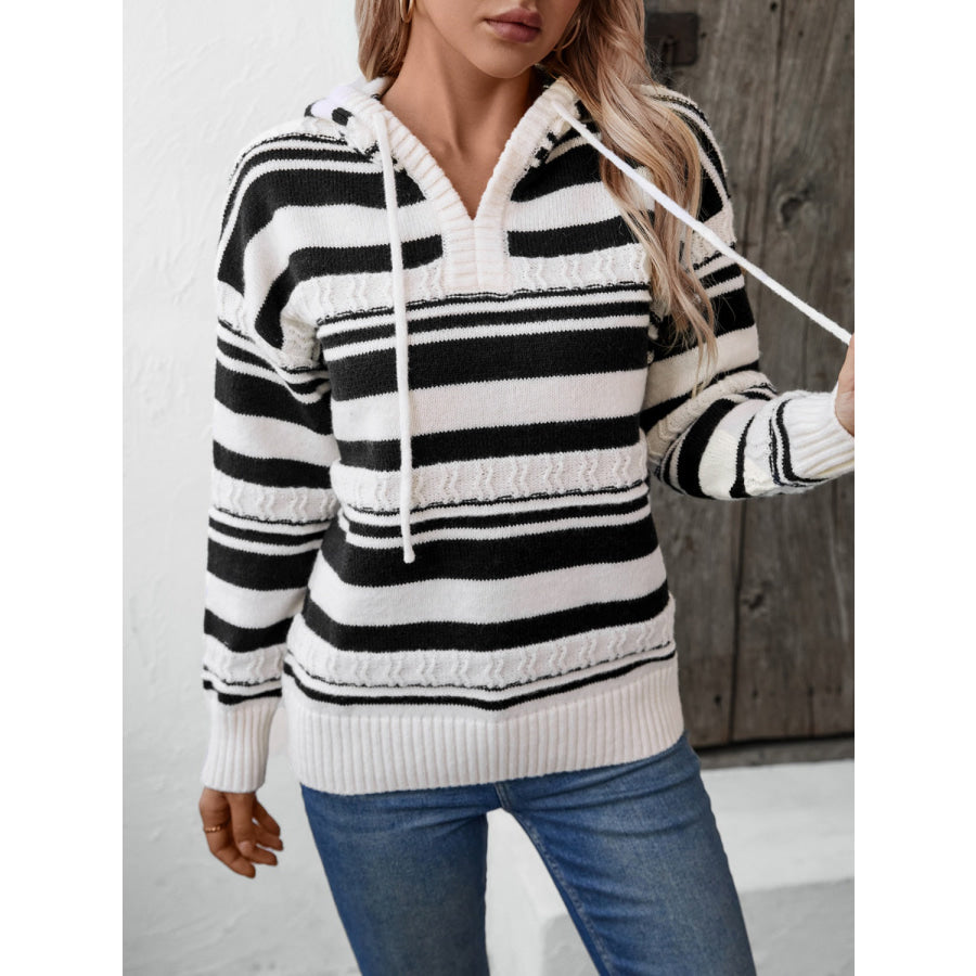 Drawstring Striped Long Sleeve Hooded Sweater Apparel and Accessories