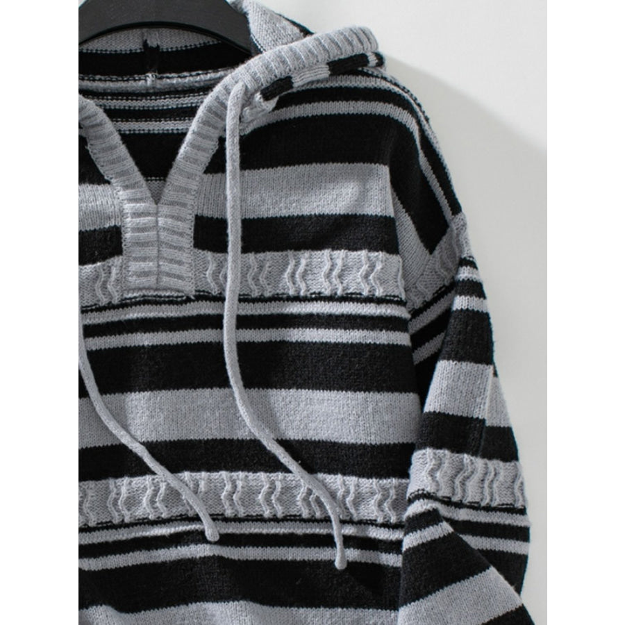 Drawstring Striped Long Sleeve Hooded Sweater Apparel and Accessories