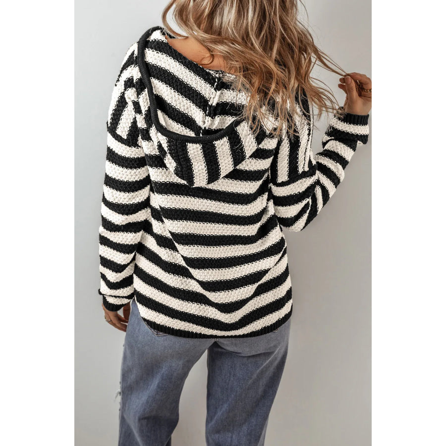 Drawstring Striped Long Sleeve Hooded Sweater Apparel and Accessories