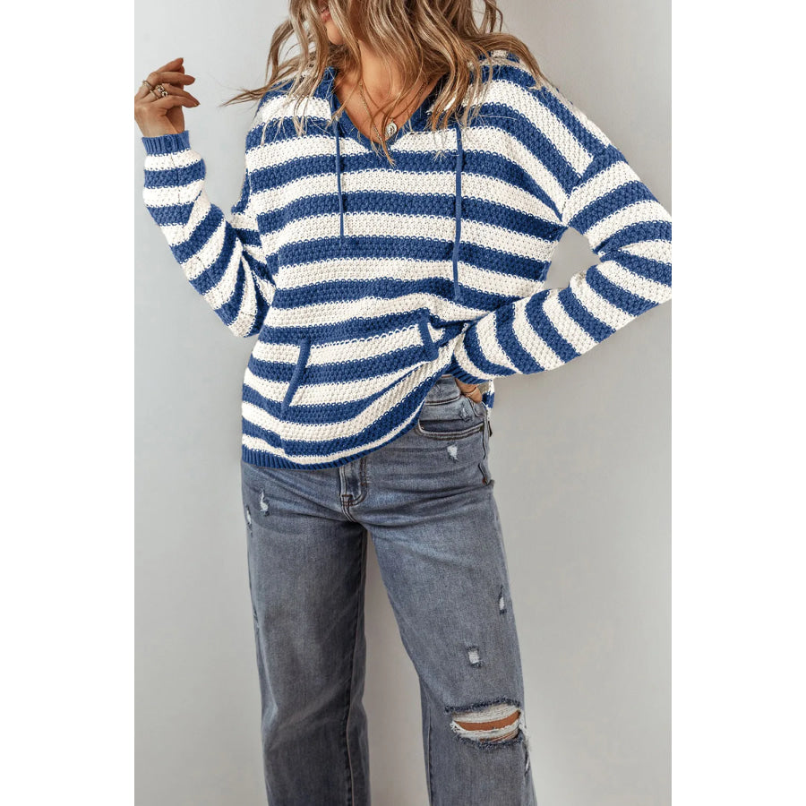 Drawstring Striped Long Sleeve Hooded Sweater Apparel and Accessories