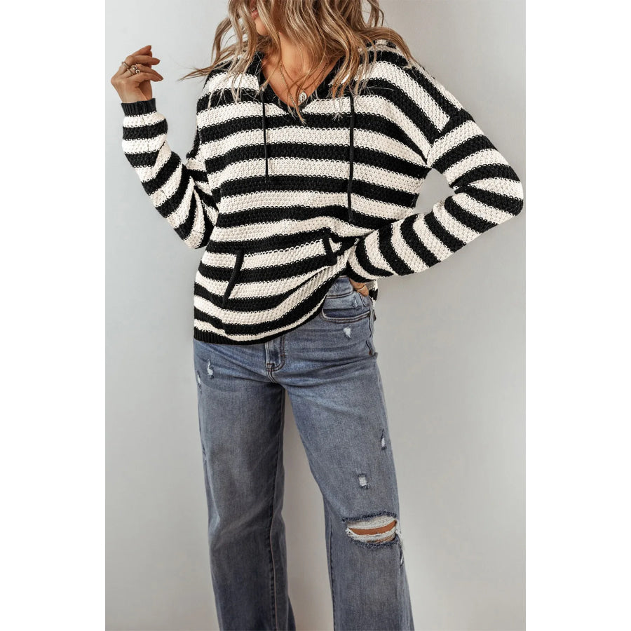 Drawstring Striped Long Sleeve Hooded Sweater Apparel and Accessories