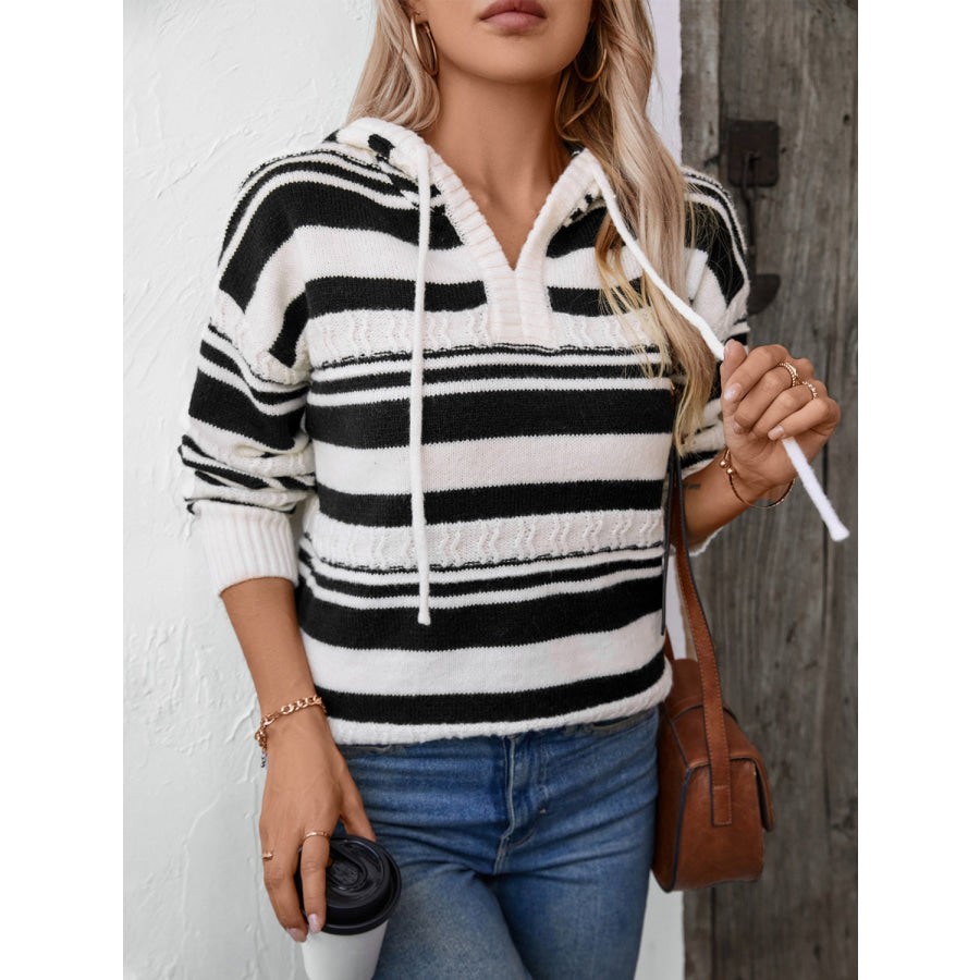 Drawstring Striped Long Sleeve Hooded Sweater Apparel and Accessories