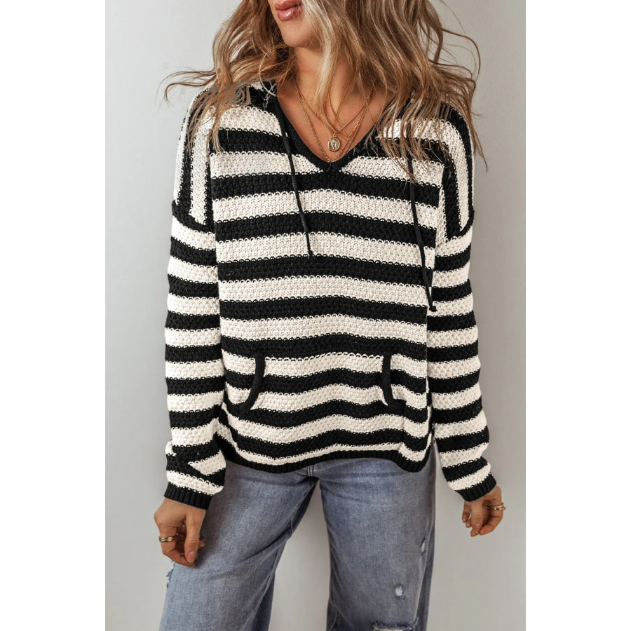 Drawstring Striped Long Sleeve Hooded Sweater Black / S Apparel and Accessories