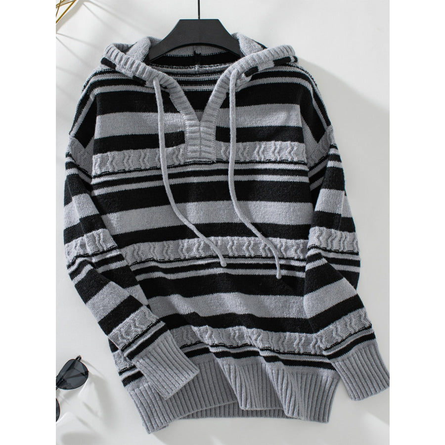 Drawstring Striped Long Sleeve Hooded Sweater Dark Gray / S Apparel and Accessories