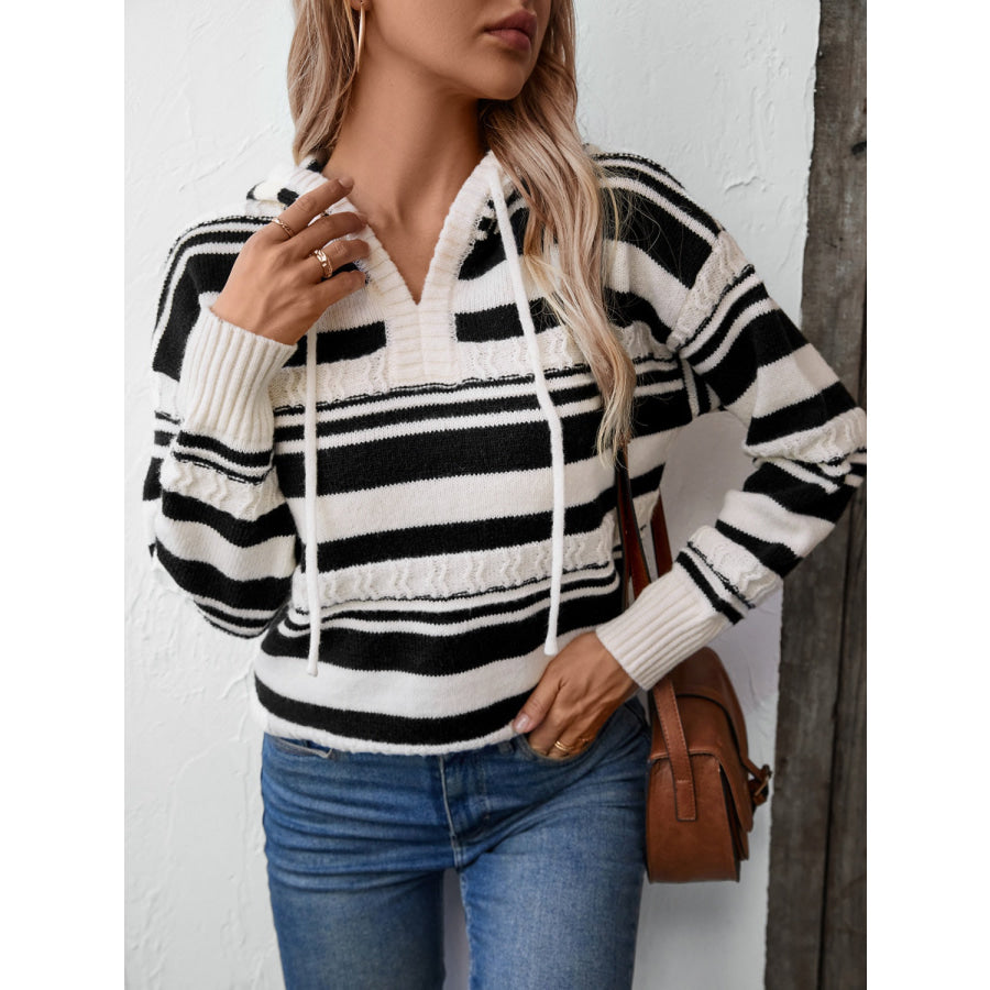 Drawstring Striped Long Sleeve Hooded Sweater White / S Apparel and Accessories