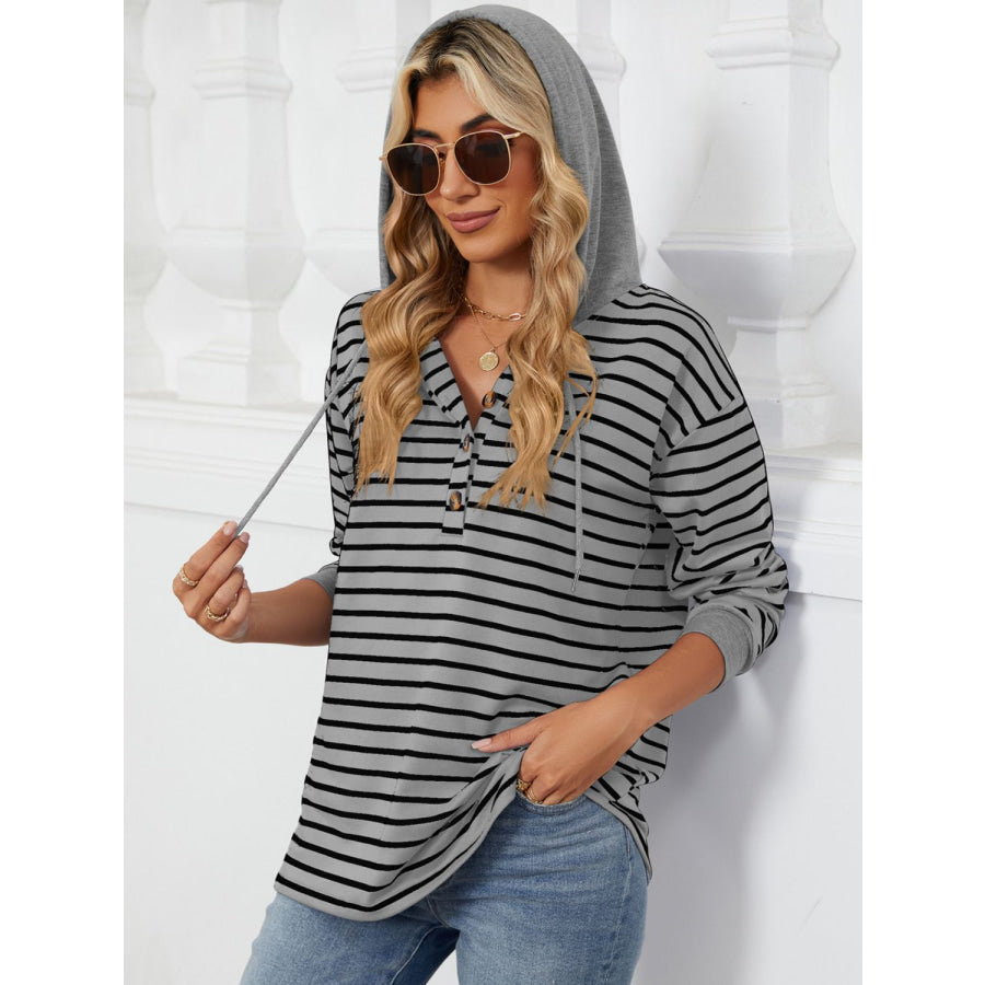 Drawstring Striped Long Sleeve Hoodie Apparel and Accessories