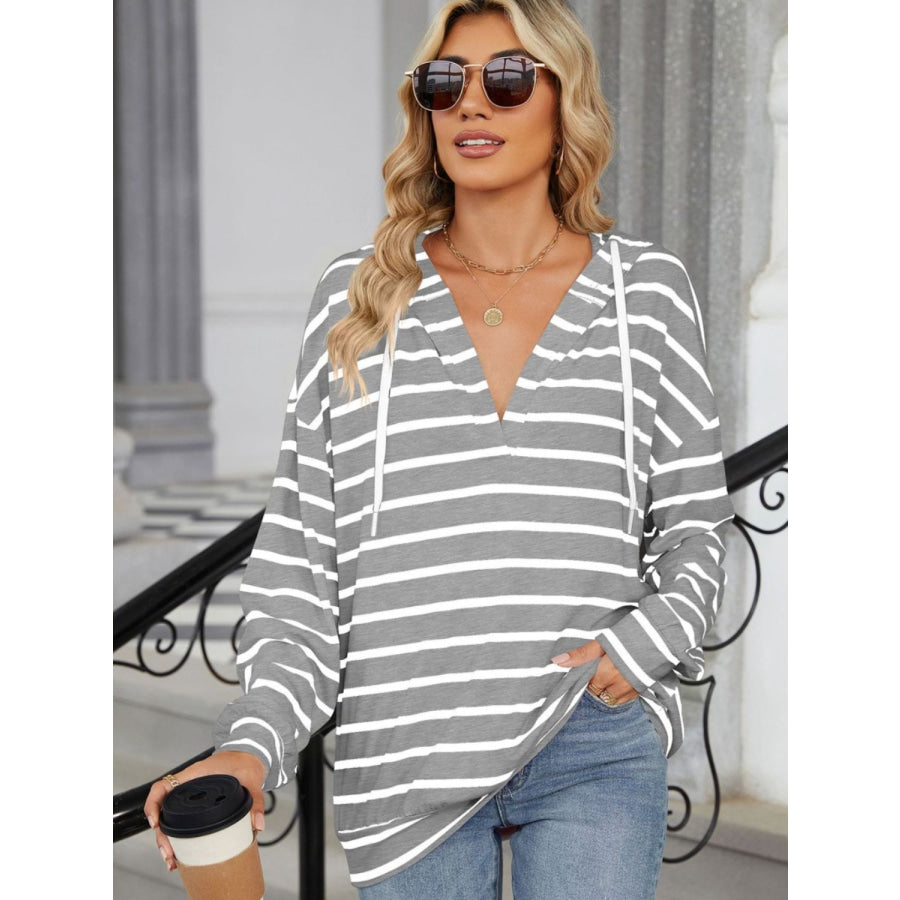 Drawstring Striped Long Sleeve Hoodie Apparel and Accessories