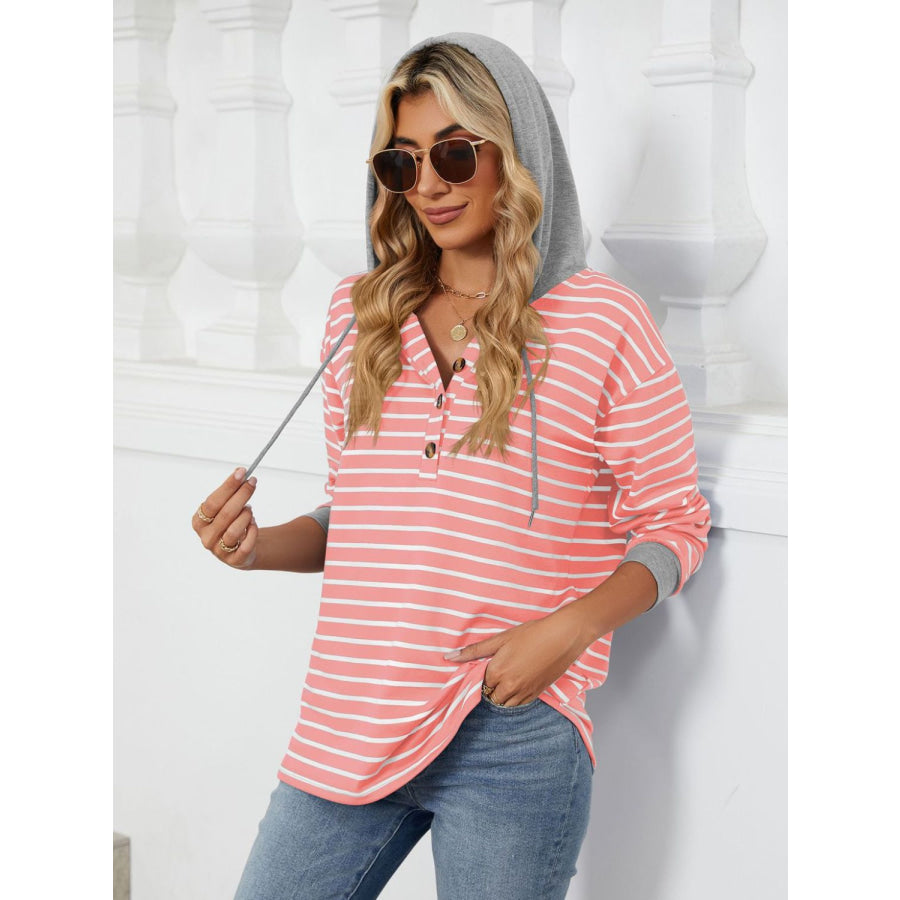 Drawstring Striped Long Sleeve Hoodie Apparel and Accessories