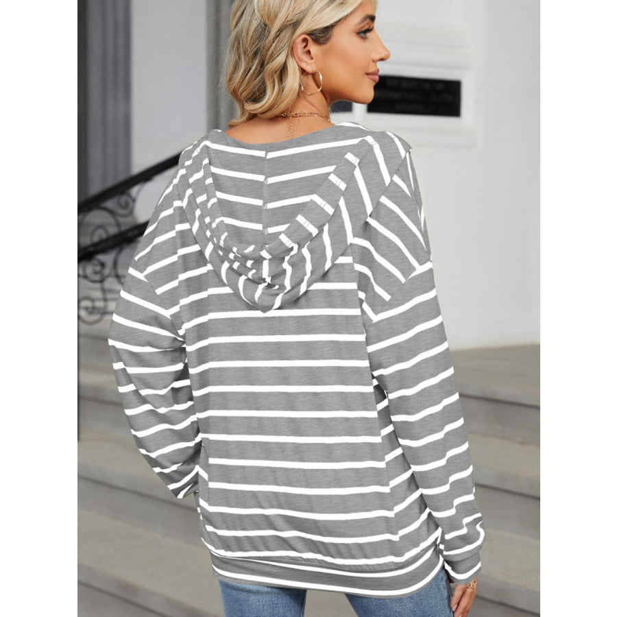 Drawstring Striped Long Sleeve Hoodie Apparel and Accessories