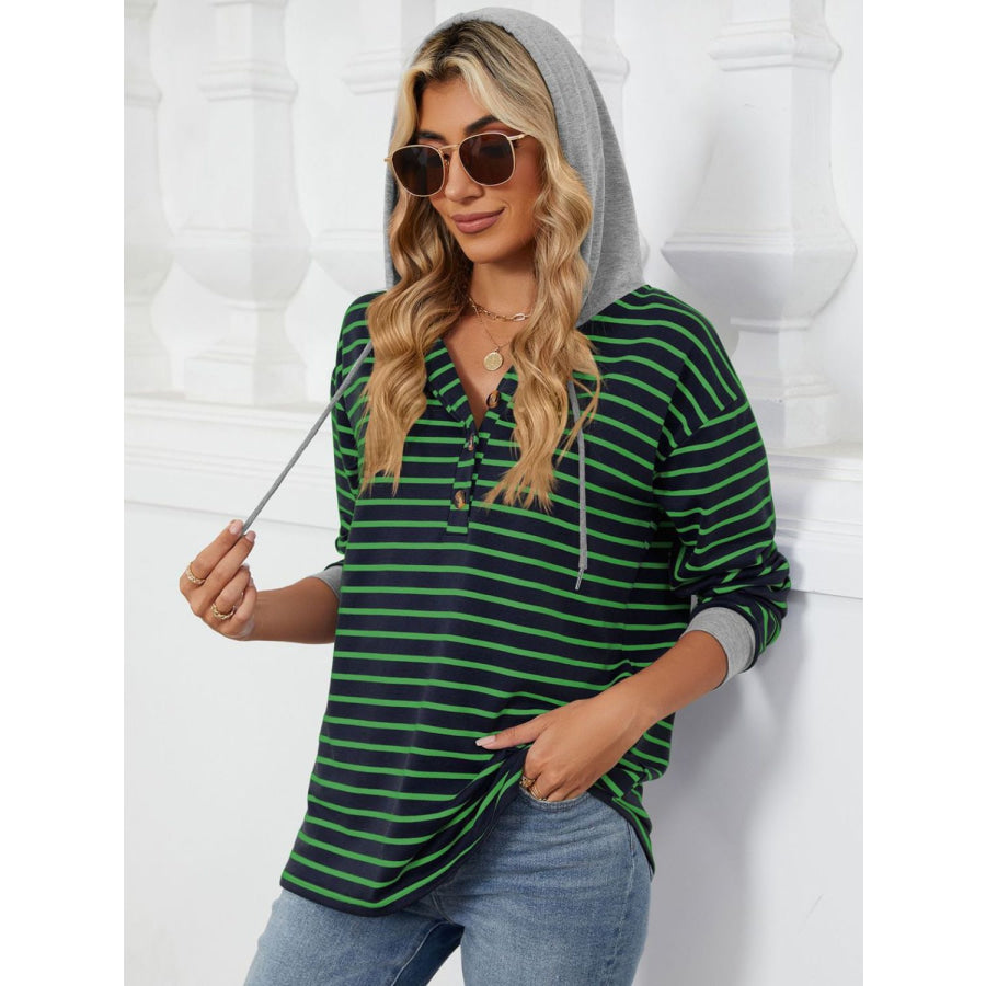 Drawstring Striped Long Sleeve Hoodie Apparel and Accessories