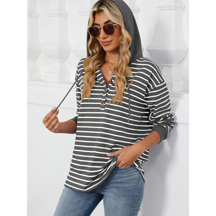 Drawstring Striped Long Sleeve Hoodie Apparel and Accessories