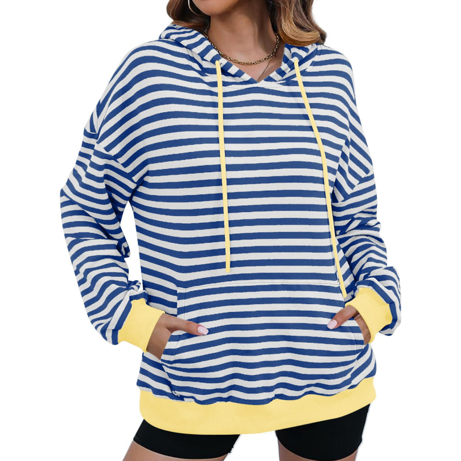 Drawstring Striped Long Sleeve Hoodie Apparel and Accessories