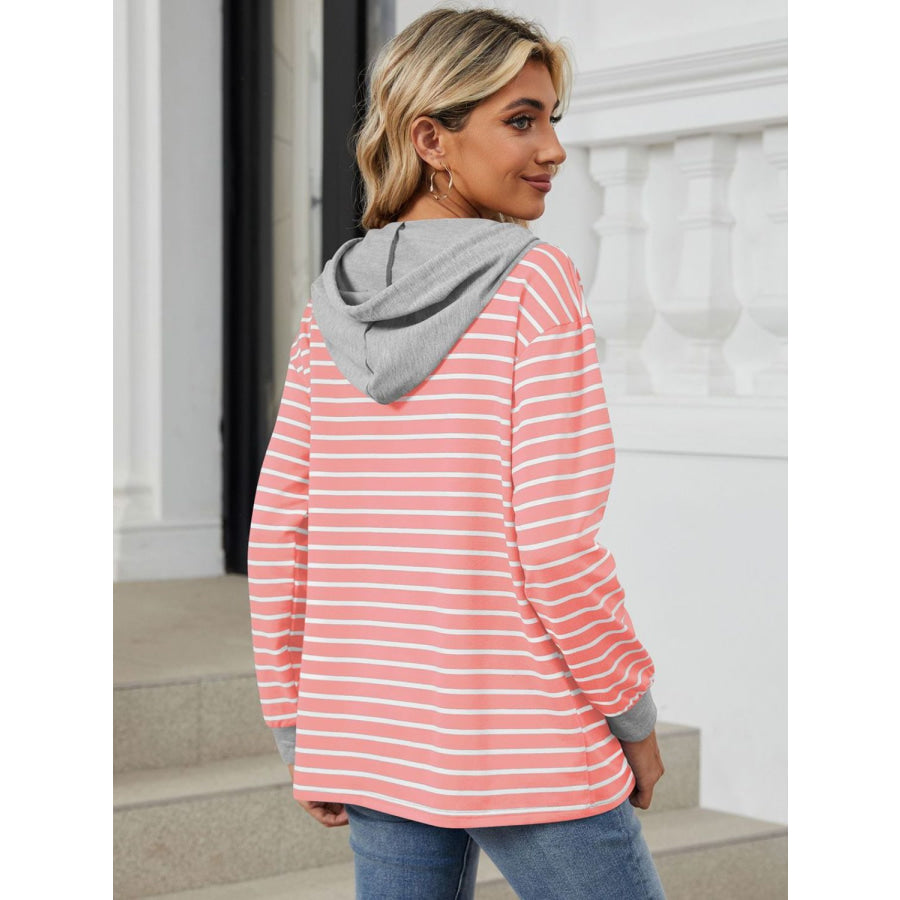 Drawstring Striped Long Sleeve Hoodie Apparel and Accessories