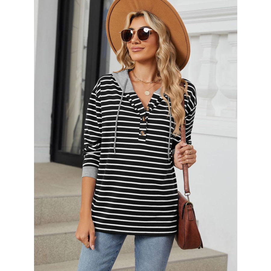 Drawstring Striped Long Sleeve Hoodie Apparel and Accessories