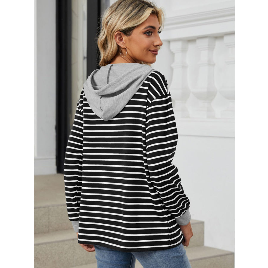 Drawstring Striped Long Sleeve Hoodie Apparel and Accessories