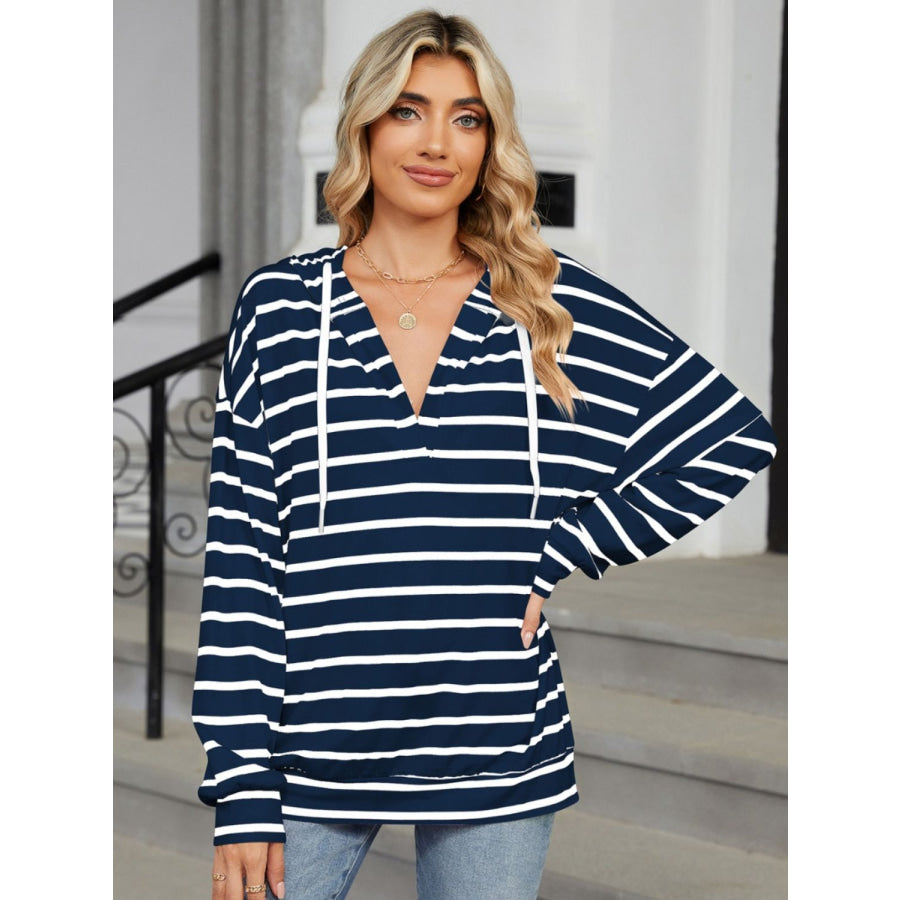 Drawstring Striped Long Sleeve Hoodie Apparel and Accessories