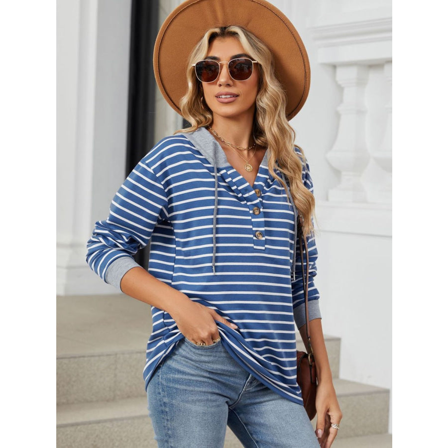 Drawstring Striped Long Sleeve Hoodie Apparel and Accessories