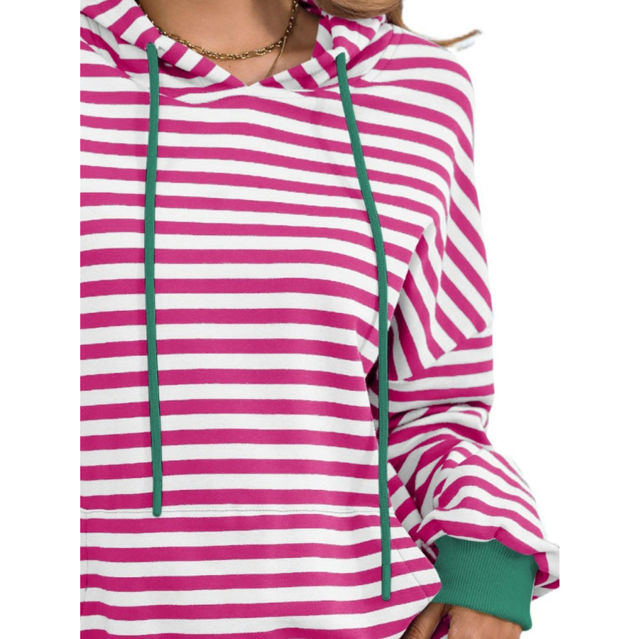 Drawstring Striped Long Sleeve Hoodie Apparel and Accessories