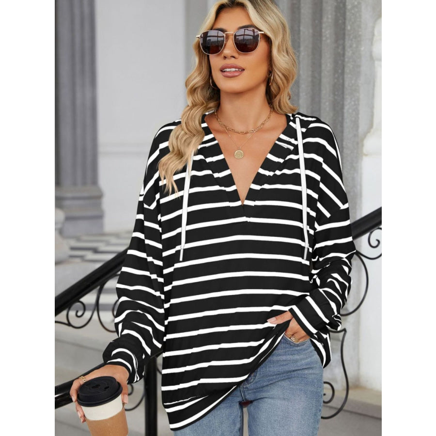 Drawstring Striped Long Sleeve Hoodie Apparel and Accessories